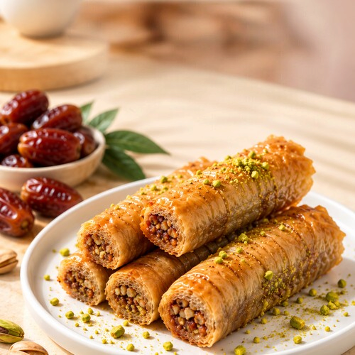 Rhukra Cake House dates cigar baklava rolls topped with crushed pistachios on a white plate with whole dates