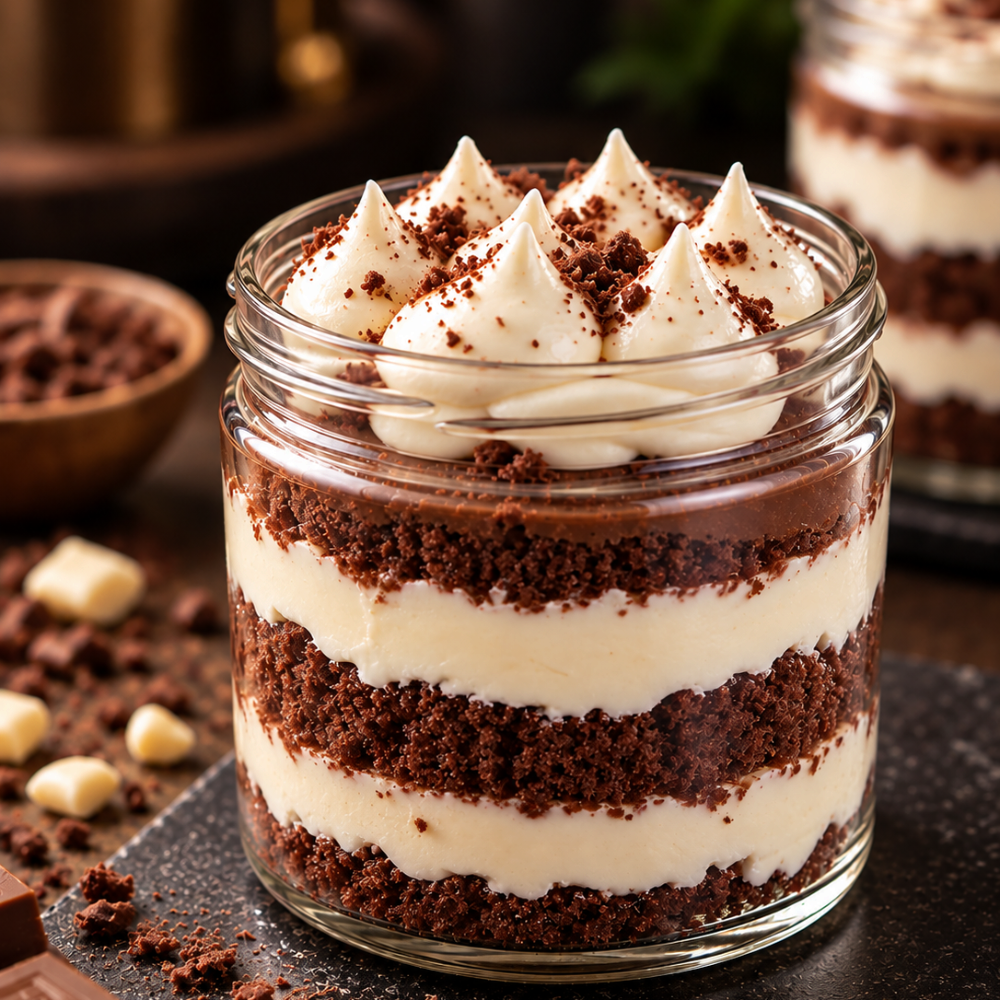 Rhukra Cake House Real Velvet Jar featuring layers of chocolate cake and cream topped with piped frosting and crumbs.