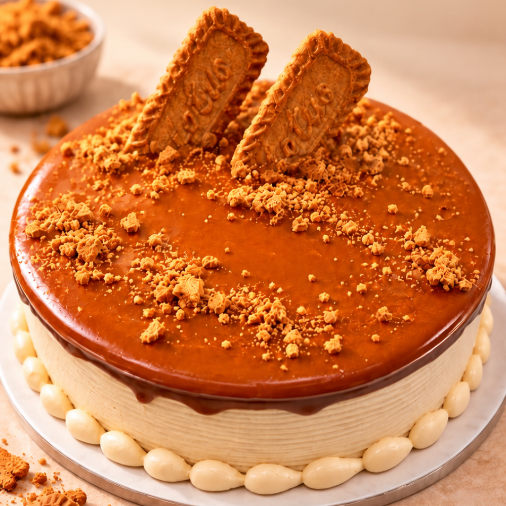 Rhukra Cake House Lotus Biscoff cake with glossy caramel glaze, biscuit crumbs, and whole Biscoff cookie topping.