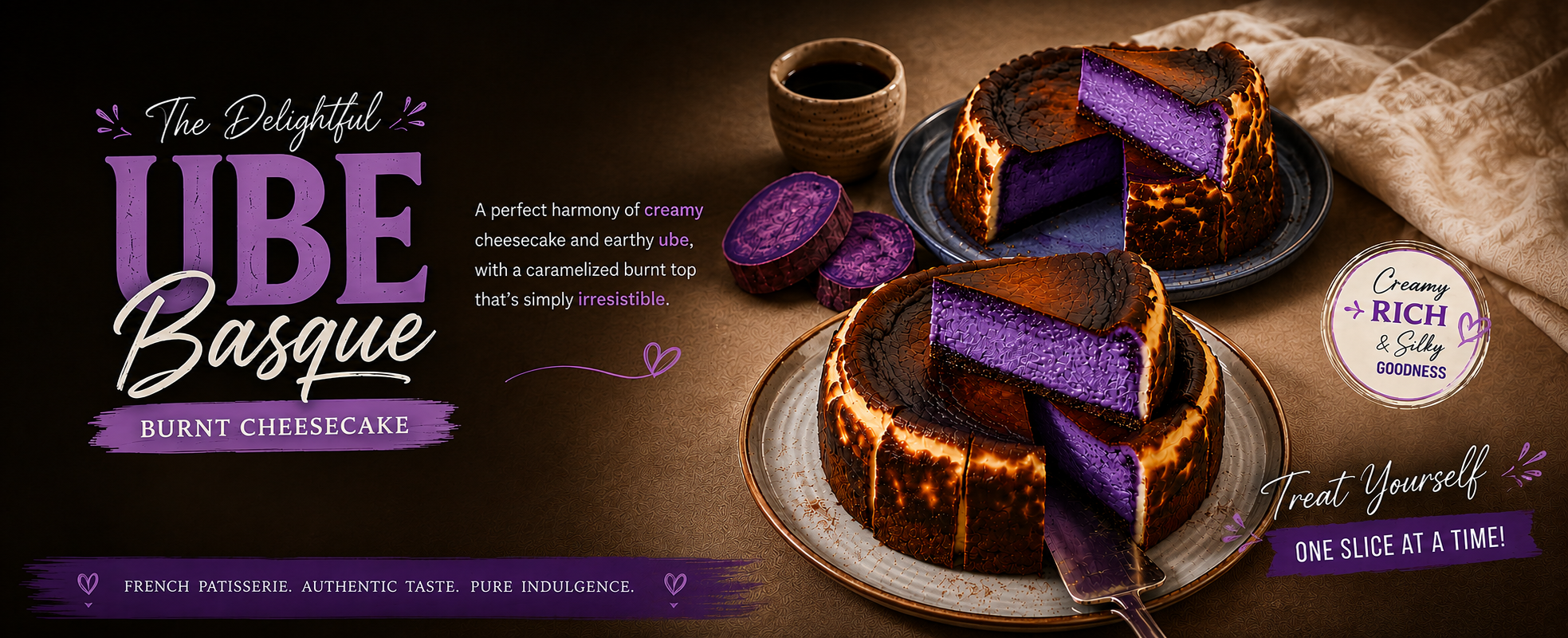 A branded food advertisement for Ube Basque Burnt Cheesecake. The image shows two cheesecakes with a burnt black exterior and rich purple interior, alongside slices and a small cup of dark sauce.