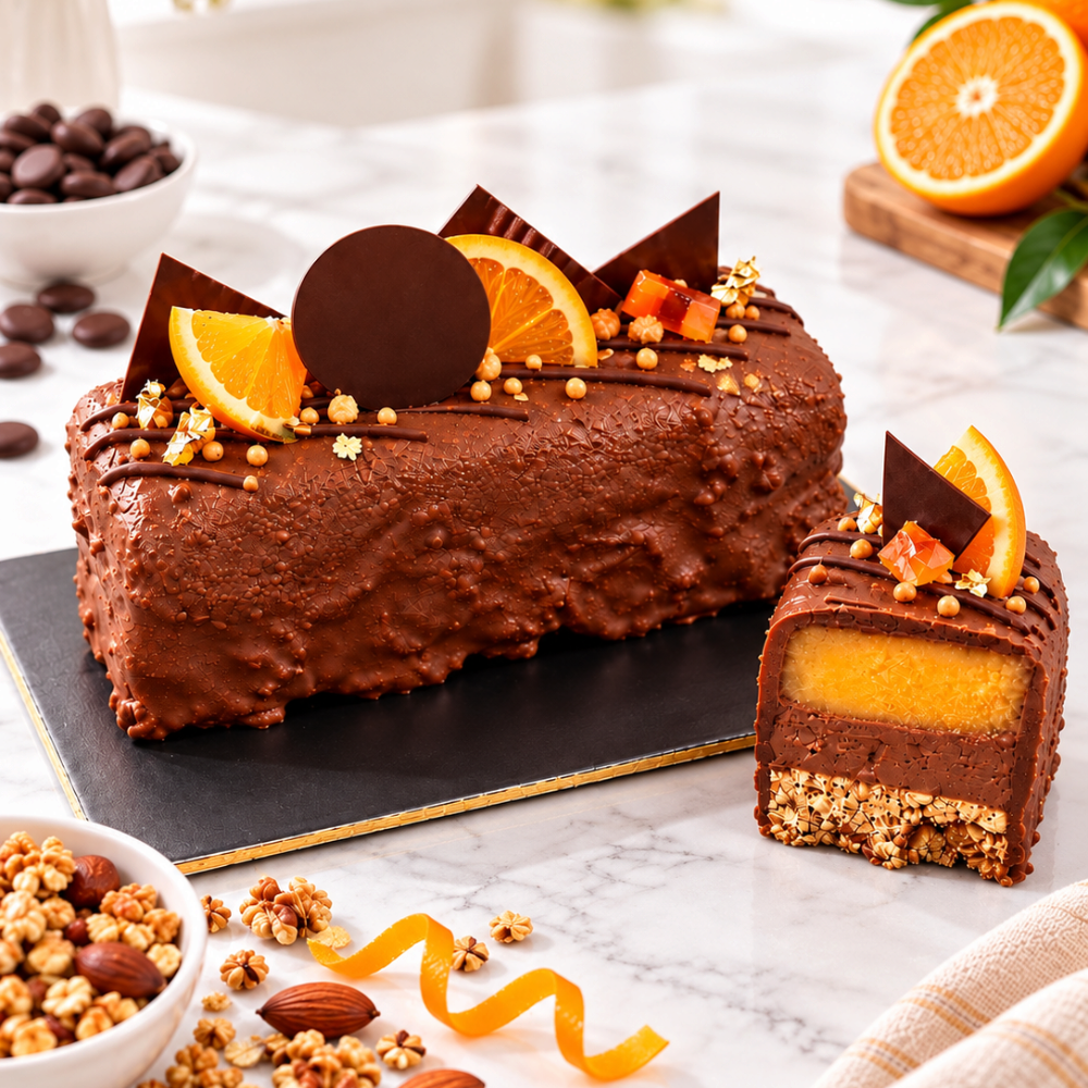 Rhukra Cake House Orange Granoia cake with chocolate coating, orange slices, and crunchy base on a marble surface.