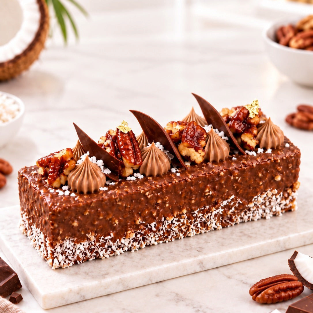 Rhukra Cake House Coconut Paradox rectangular cake with peanut praline, coconut cream, and chocolate garnish