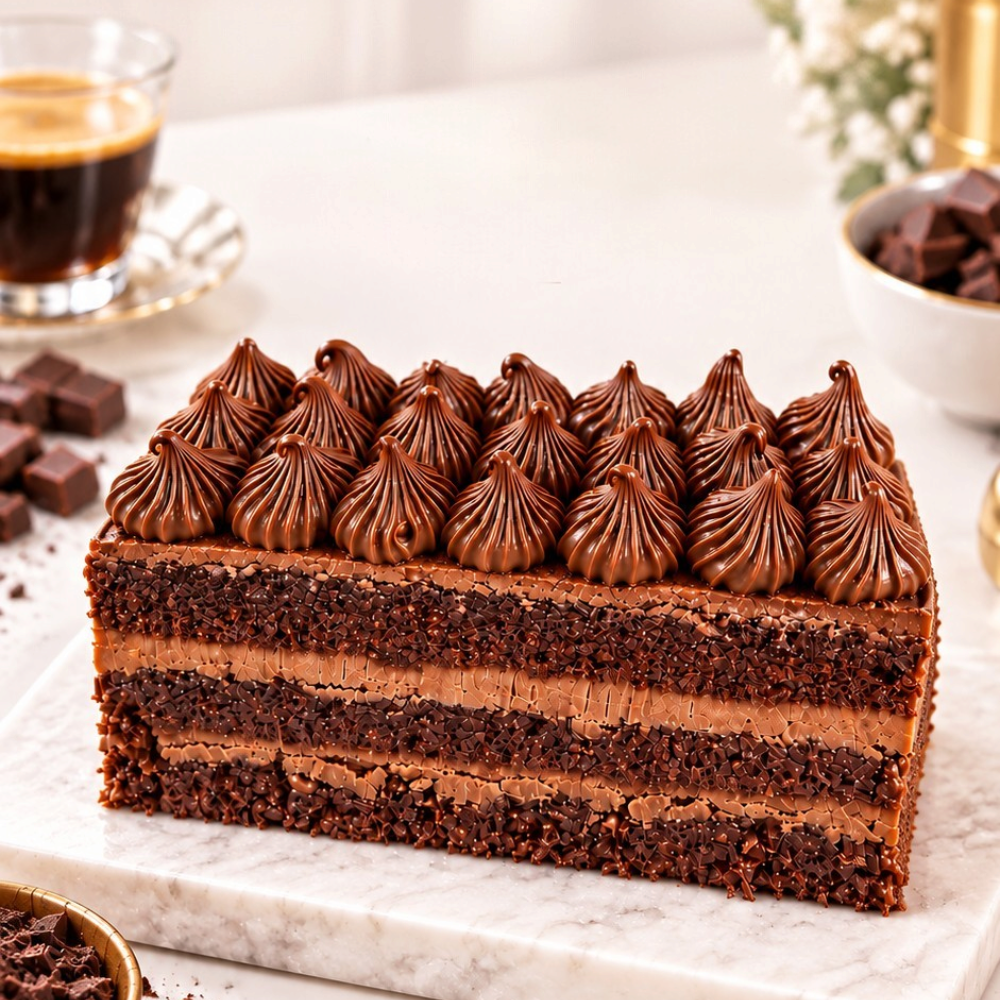 Rhukra Cake House Belgium chocolate French entremet with layered sponge and piped ganache on a marble serving board.