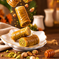 Rhukra Cake House classic cigar baklava rolls filled with pistachios and drizzled with honey on a white plate