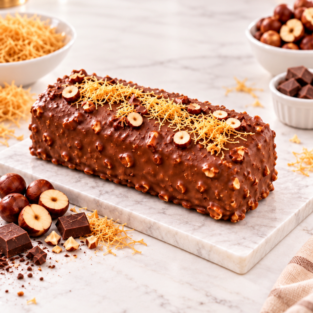 Rhukra Cake House Katafi Chestnut dessert coated in milk chocolate with crispy kataifi and hazelnut toppings.