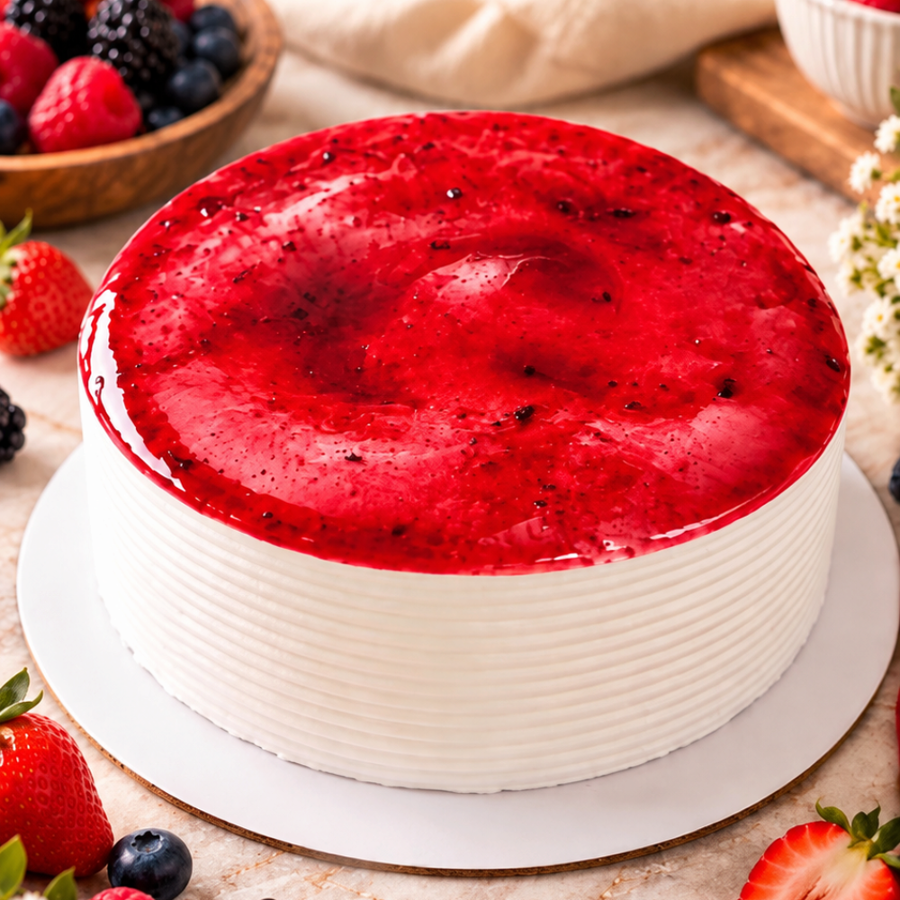 Rhukra Cake House mixed berry cake with a glossy red fruit glaze and smooth white cream frosting on a cake board