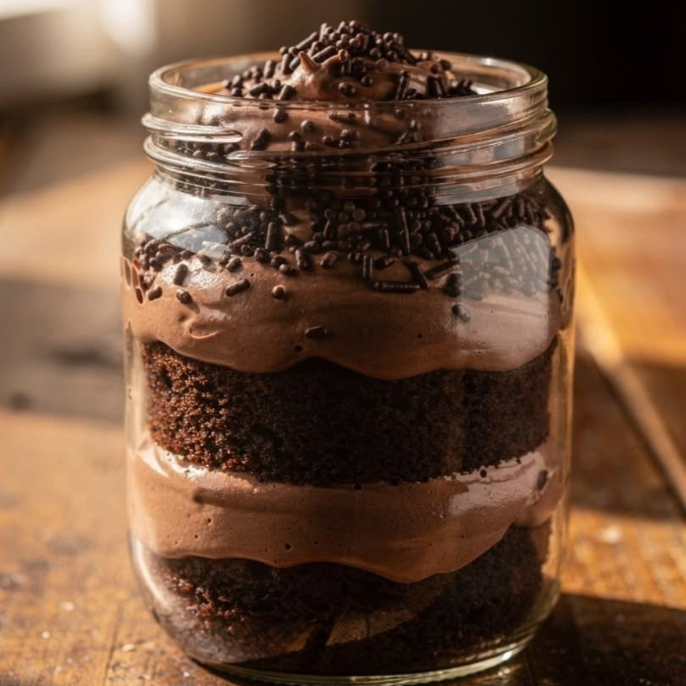 Rhukra Cake House chocolate jar cake with layers of moist sponge and creamy frosting topped with chocolate sprinkles
