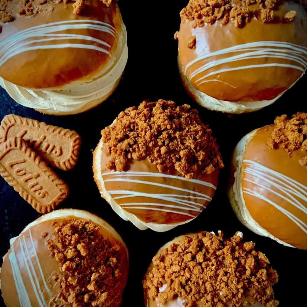 Rhukra Cake House Biscoff filled donuts topped with Lotus biscuit crumbs and white chocolate drizzle