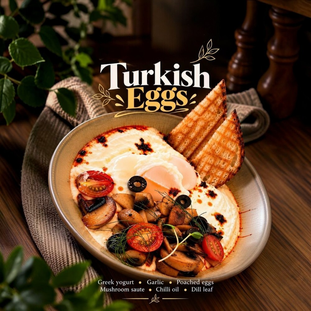 Rhukra Cake House Turkish Eggs with poached eggs, sauteed mushrooms, cherry tomatoes, and toast on a ceramic plate.
