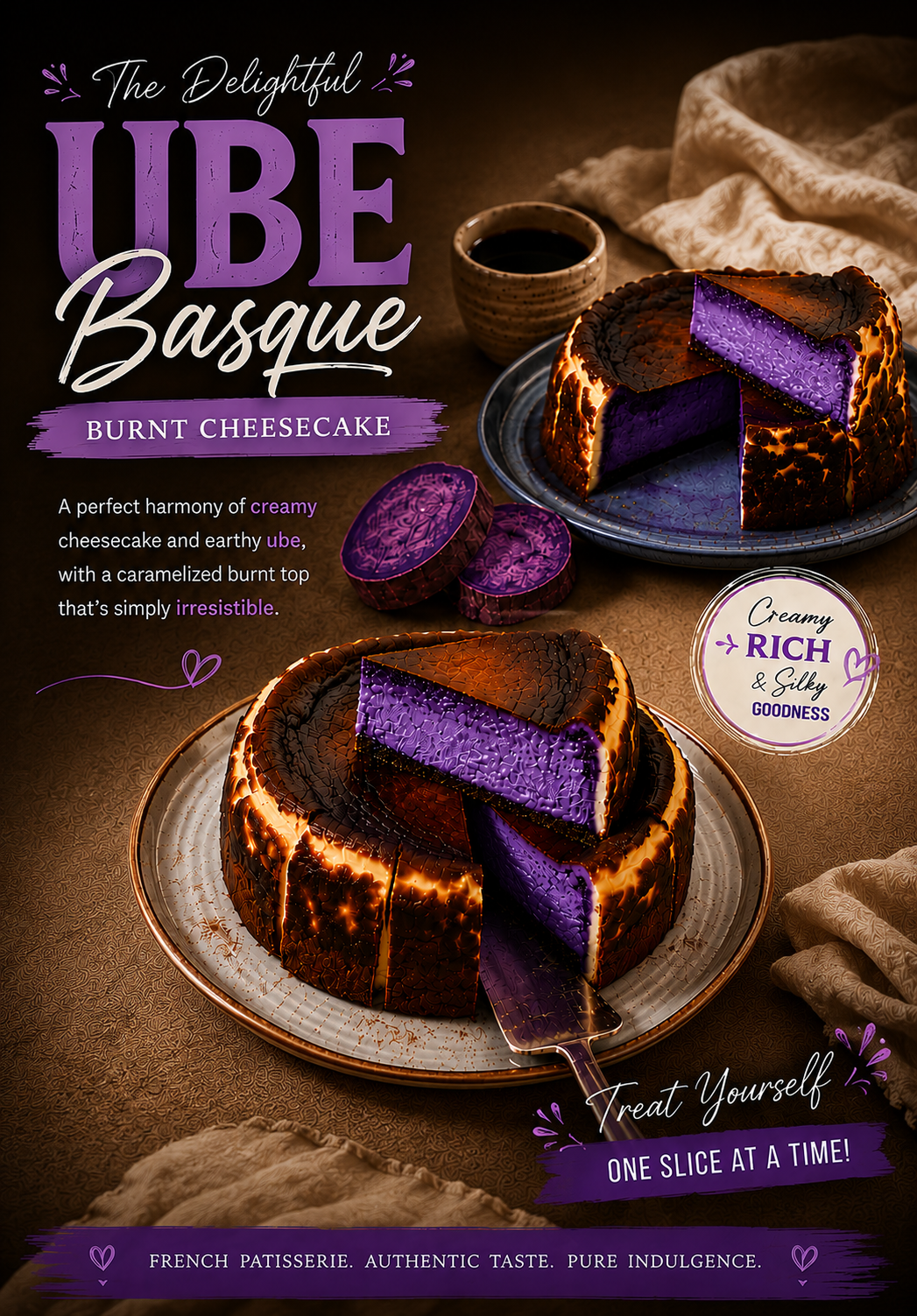 Promotional graphic for 'The Delightful Ube Basque Burnt Cheesecake' showing two cheesecakes on plates with slices cut, alongside text descriptions and a circular badge on a rustic brown background with fabric and a small cup.