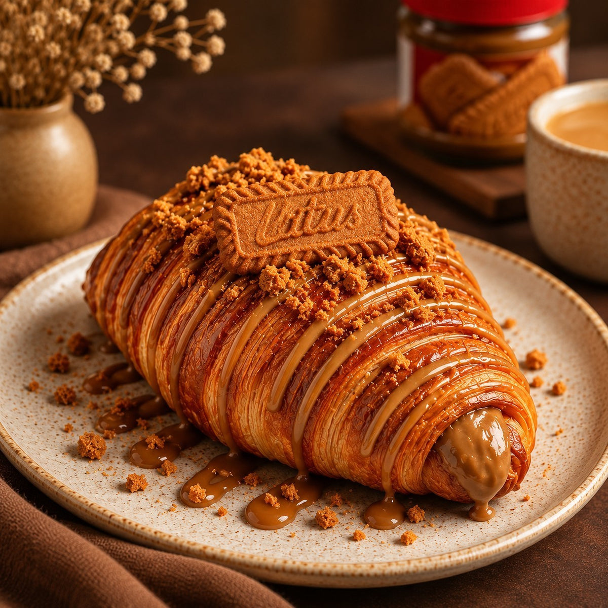 Rhukra Cake House Biscoff croissant topped with cookie crumbles and drizzled with creamy caramel sauce on a plate.
