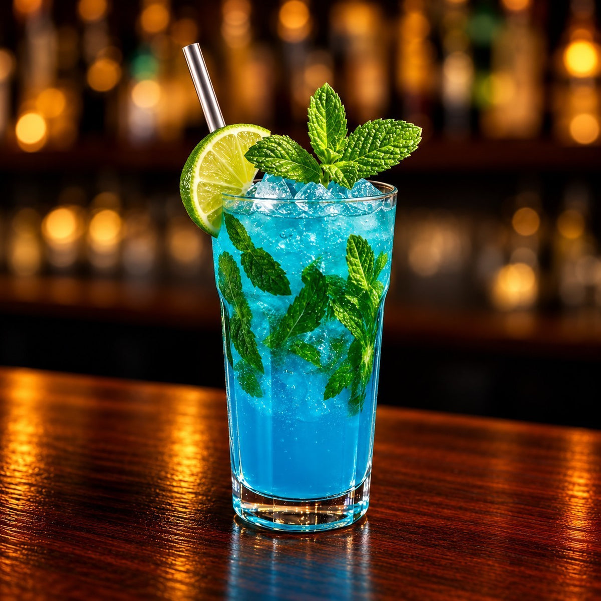 Rhukra Cake House Blue Curacao Mojito Cooler with fresh mint, lime slice, and ice in a glass on a wooden bar counter.