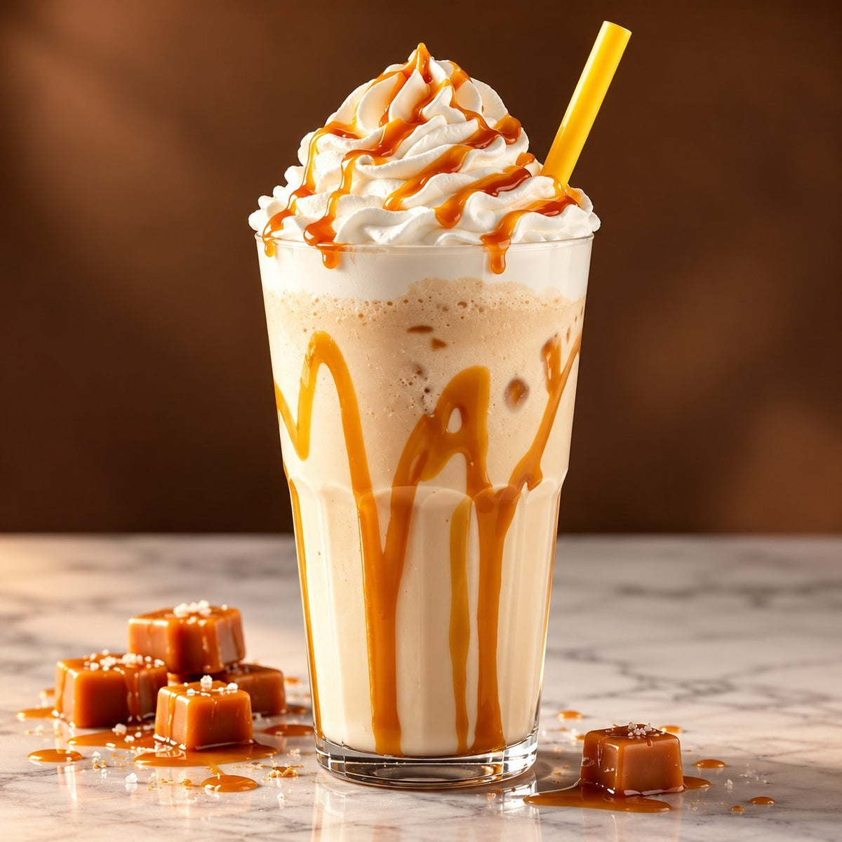 Rhukra Cake House caramel milkshake topped with whipped cream and caramel drizzle in a glass with a yellow straw