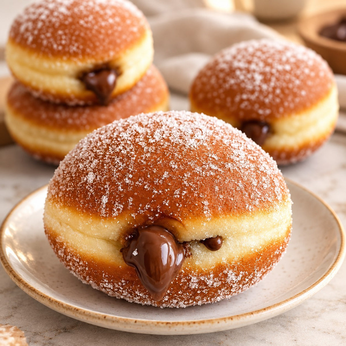 Rhukra Cake House Belgium Bombolone doughnut filled with rich chocolate cream and coated in sparkling sugar crystals.