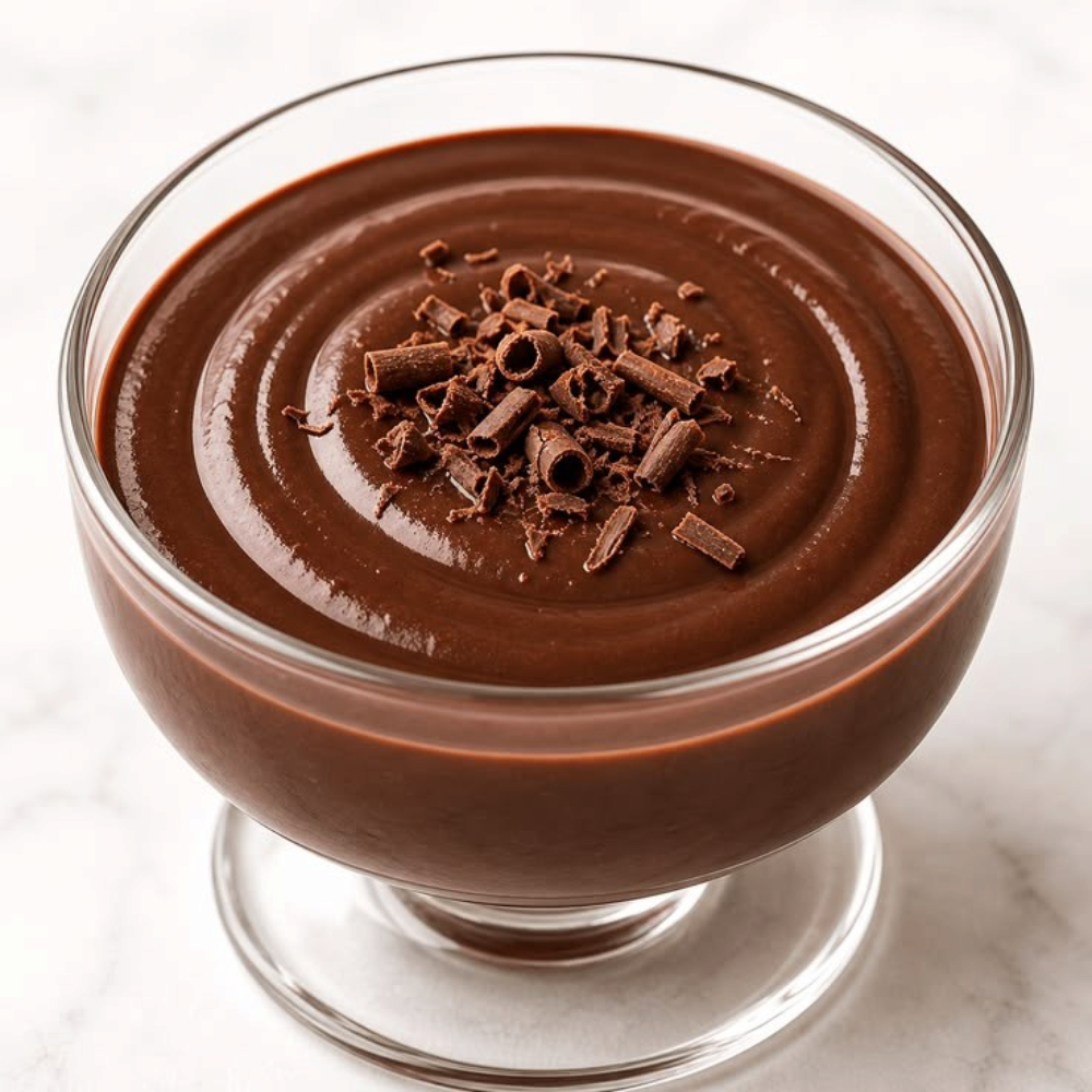 Rhukra Cake House creamy chocolate pudding in a glass bowl topped with dark chocolate shavings on a marble surface