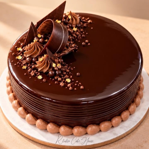 Rhukra Cake House chocolate truffle cake with a glossy ganache finish, chocolate shards, and piped frosting swirls.