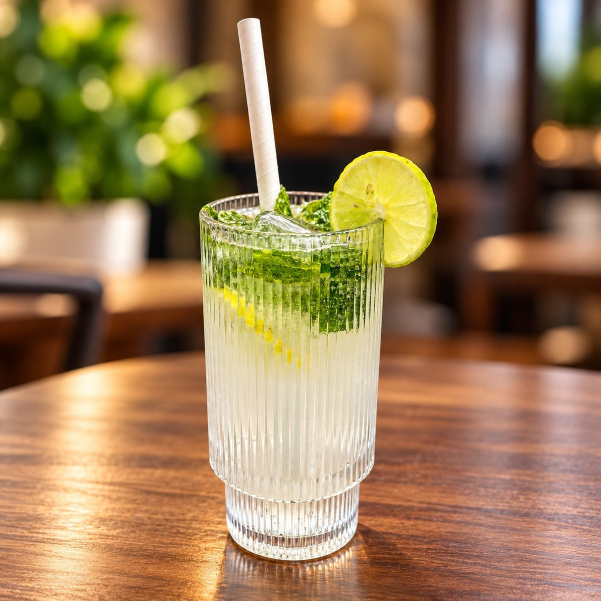 Rhukra Cake House Classic Mojito Cooler in a ribbed glass with fresh lime garnish, mint leaves, and a paper straw.