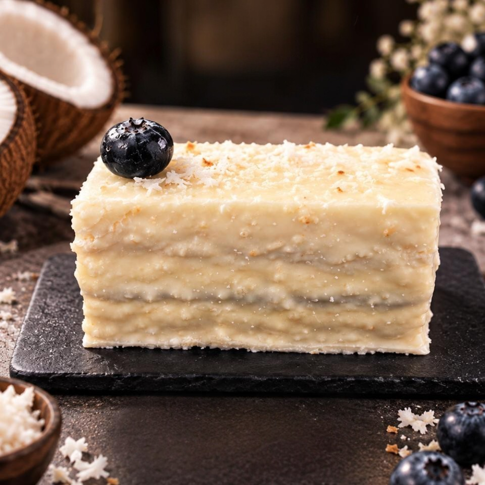 Rhukra Cake House Coco De Berry layered coconut cake topped with a fresh blueberry on a black slate board