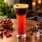 Rhukra Cake House Cranberry Espresso Fizz cocktail in a tall glass with fresh cranberries and coffee beans on a table