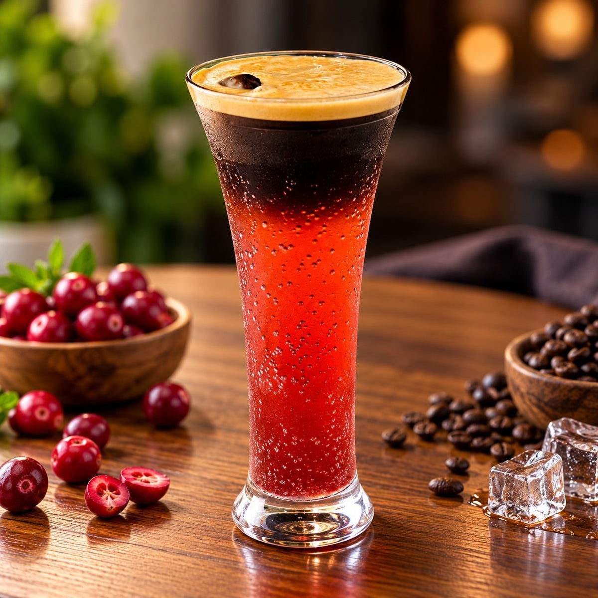 Rhukra Cake House Cranberry Espresso Fizz cocktail in a tall glass with fresh cranberries and coffee beans on a table