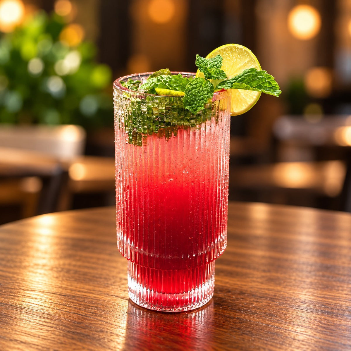 Rhukra Cake House cranberry mojito cooler in a ribbed glass with fresh mint and a lime slice on a wooden table