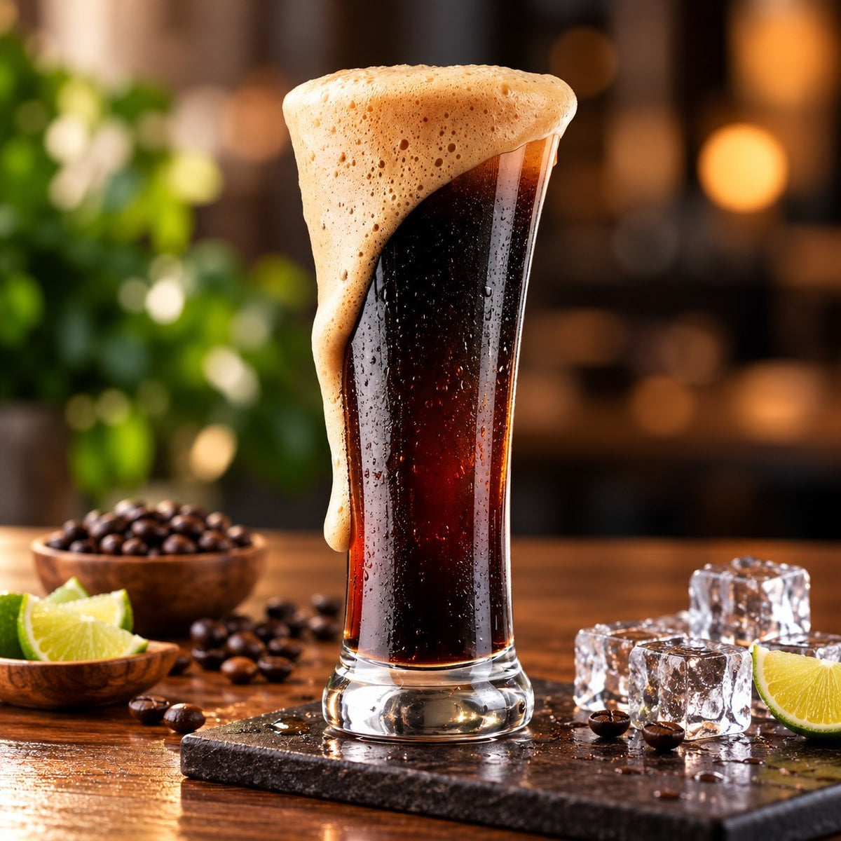 Rhukra Cake House espresso tonic coffee beer in a tall glass with thick foam, lime wedges, and ice on a wooden table.