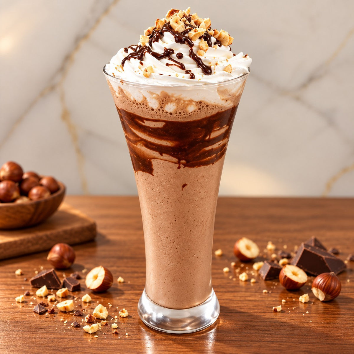 Rhukra Cake House hazelnut Nutella milkshake topped with whipped cream, chocolate drizzle, and chopped hazelnuts.