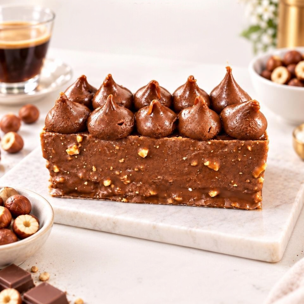 Rhukra Cake House Le Petite hazelnut chocolate sponge cake topped with silky milk chocolate ganache swirls