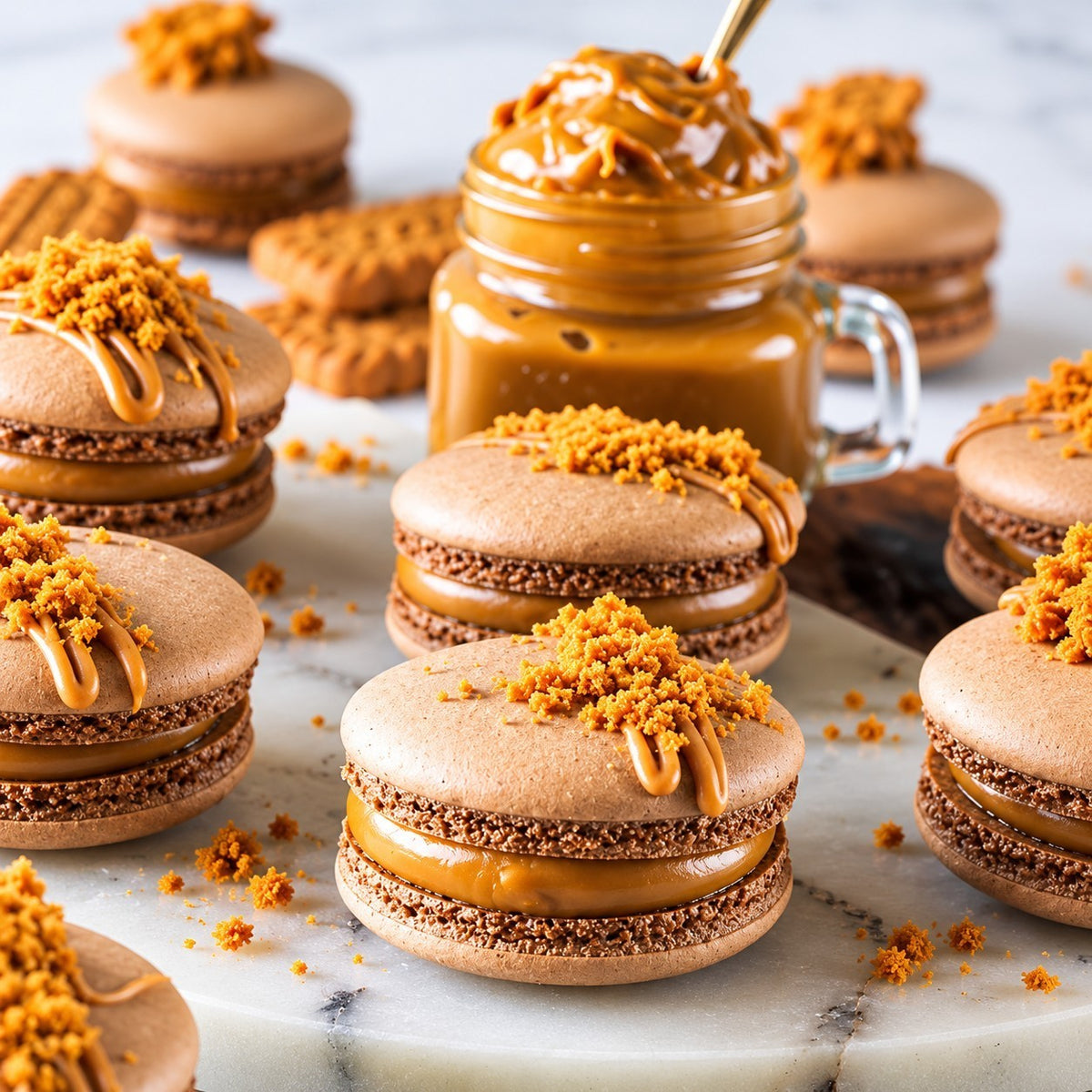 Rhukra Cake House Lotus Biscoff macarons topped with cookie crumbs and caramel drizzle on a marble board