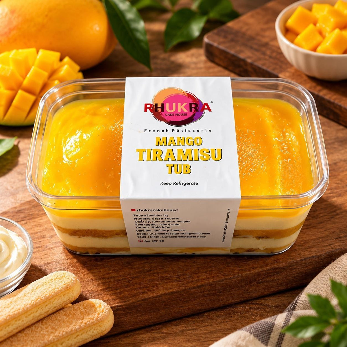 Rhukra Cake House mango tiramisu in a clear plastic tub with layers of cream and sponge, topped with mango puree.