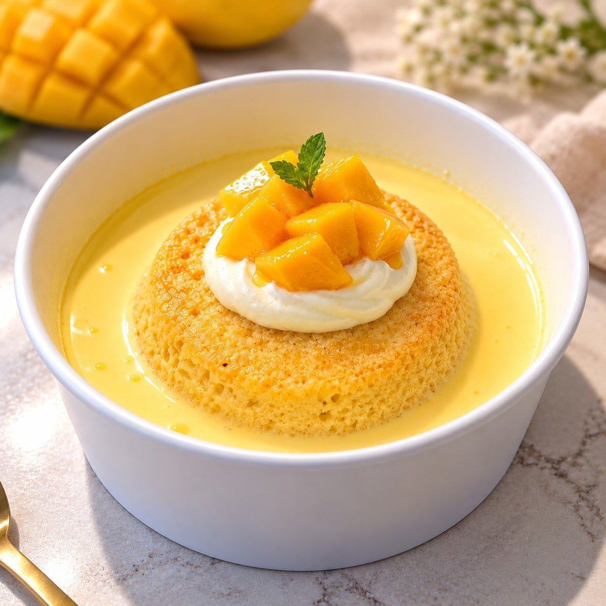 Rhukra Cake House mango tres leches cake topped with fresh mango cubes, whipped cream, and a mint sprig in a bowl.