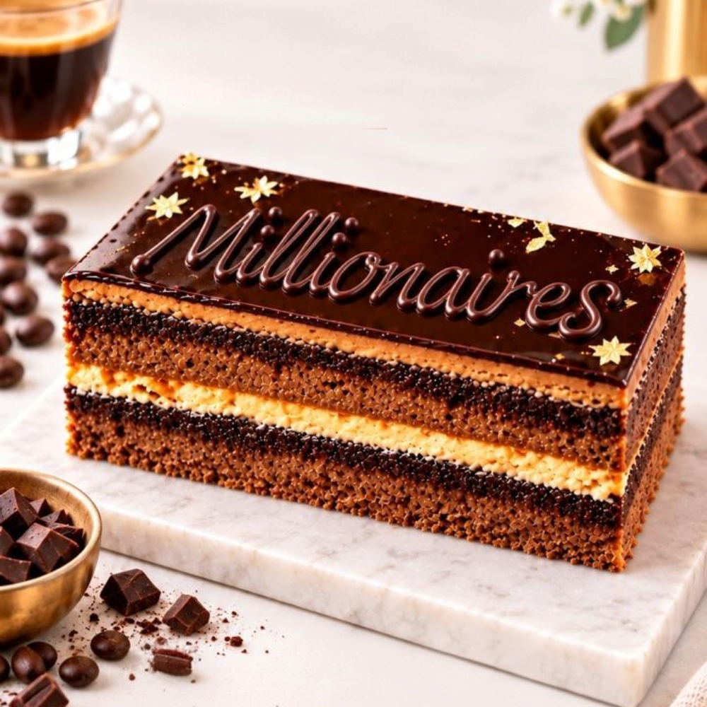 Rhukra Cake House Millionaires eggless chocolate cake with caramel and ganache layers on a marble serving board