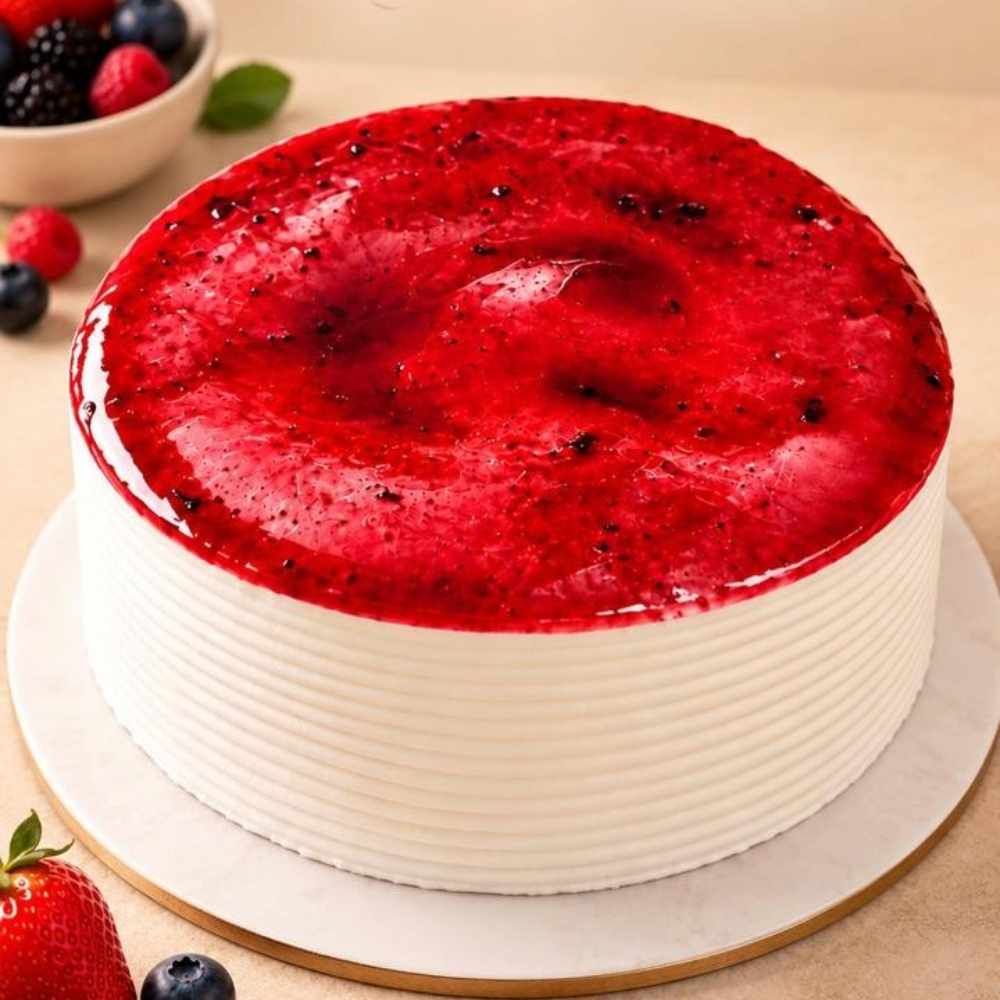 Rhukra Cake House mixed berry cake with a smooth white cream frosting and a vibrant red fruit glaze topping