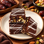 Rhukra Cake House Nutty Choco Dates Bar squares with white chocolate drizzle on a ceramic plate with nuts and dates