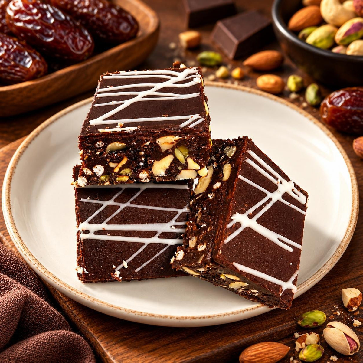 Rhukra Cake House Nutty Choco Dates Bar squares with white chocolate drizzle on a ceramic plate with nuts and dates
