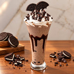 Rhukra Cake House Oreo milkshake topped with whipped cream, chocolate drizzle, and cookie halves on a wooden table.
