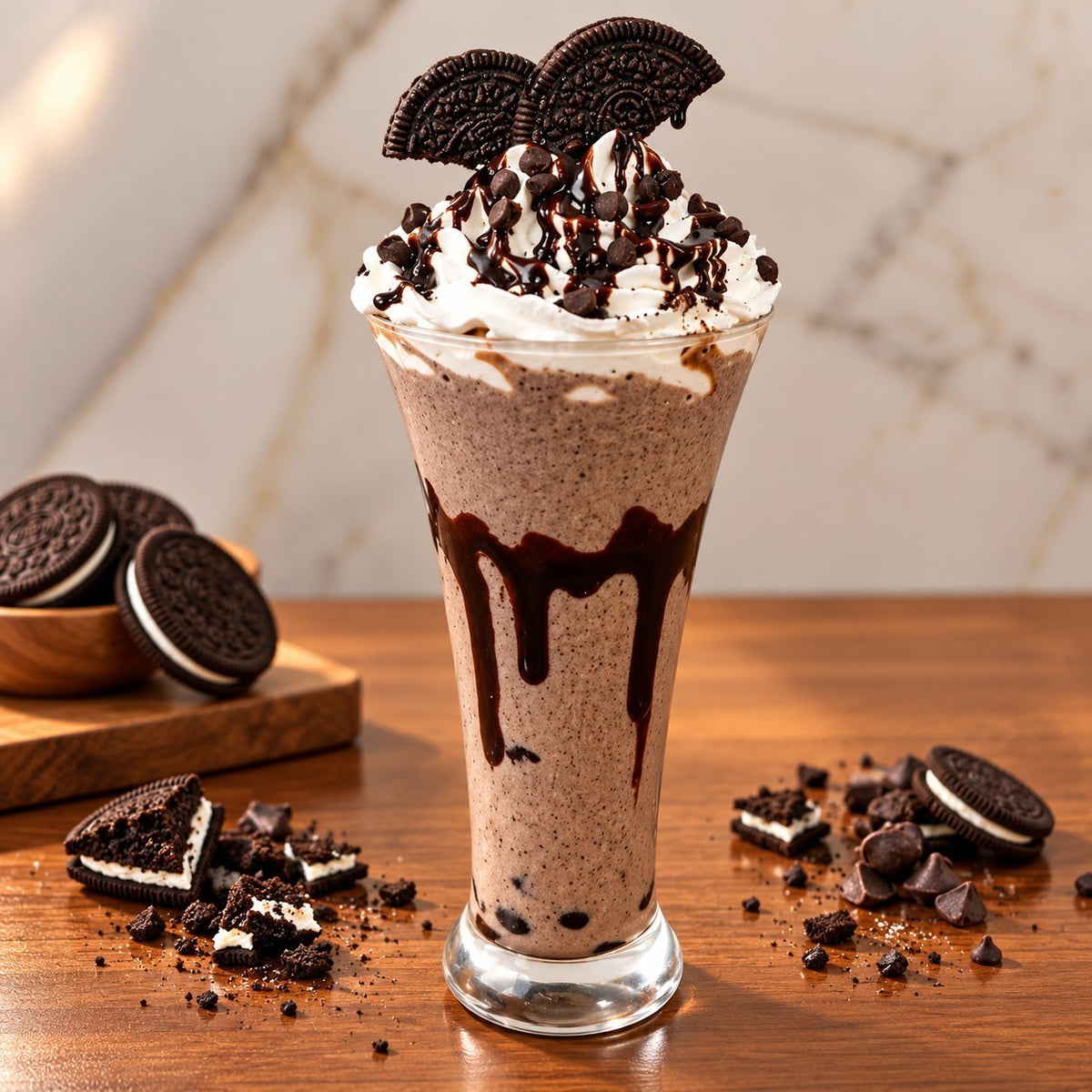 Rhukra Cake House Oreo milkshake topped with whipped cream, chocolate drizzle, and cookie halves on a wooden table.