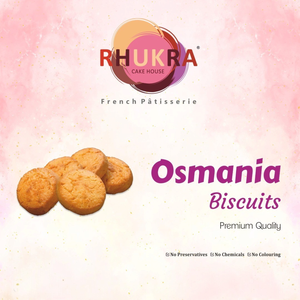 Rhukra Cake House Osmania biscuits, golden brown premium quality cookies on a soft pink background
