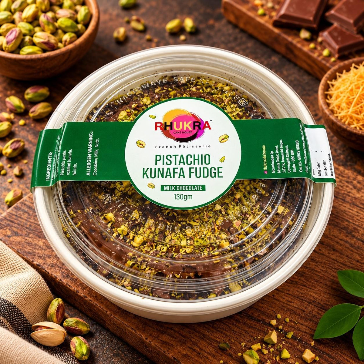 Rhukra Cake House Pistachio Kunafa Fudge in a round plastic container topped with crushed pistachios and kunafa.