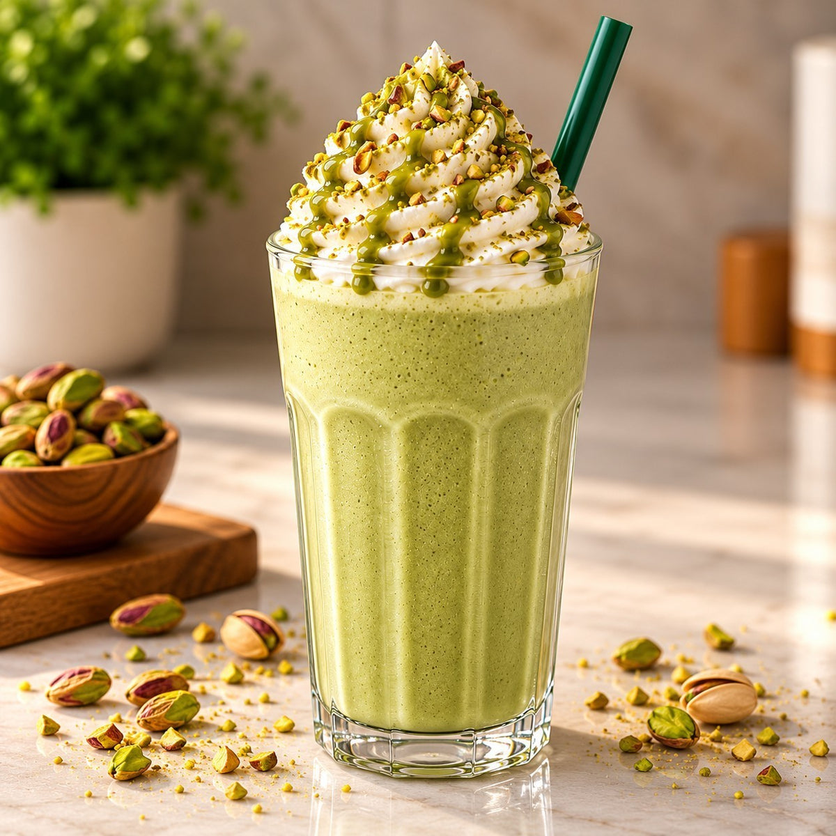 Rhukra Cake House pistachio milkshake topped with whipped cream, green syrup, and crushed nuts in a tall glass.
