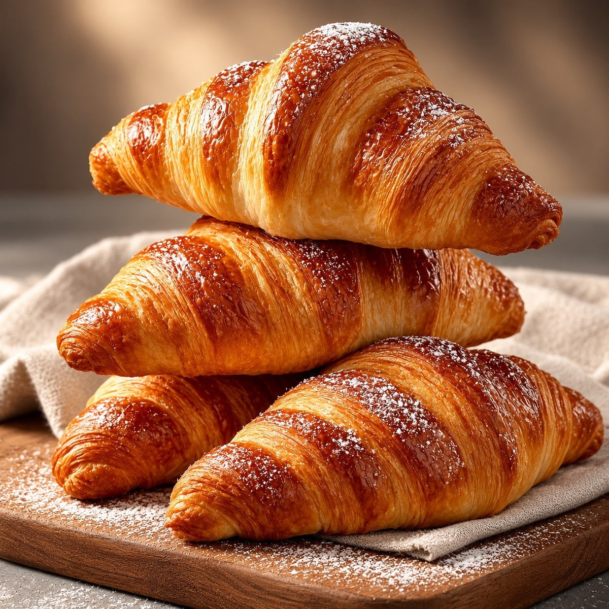A stack of golden-brown, flaky Rhukra Cake House plain croissants dusted with powdered sugar on a wooden board.