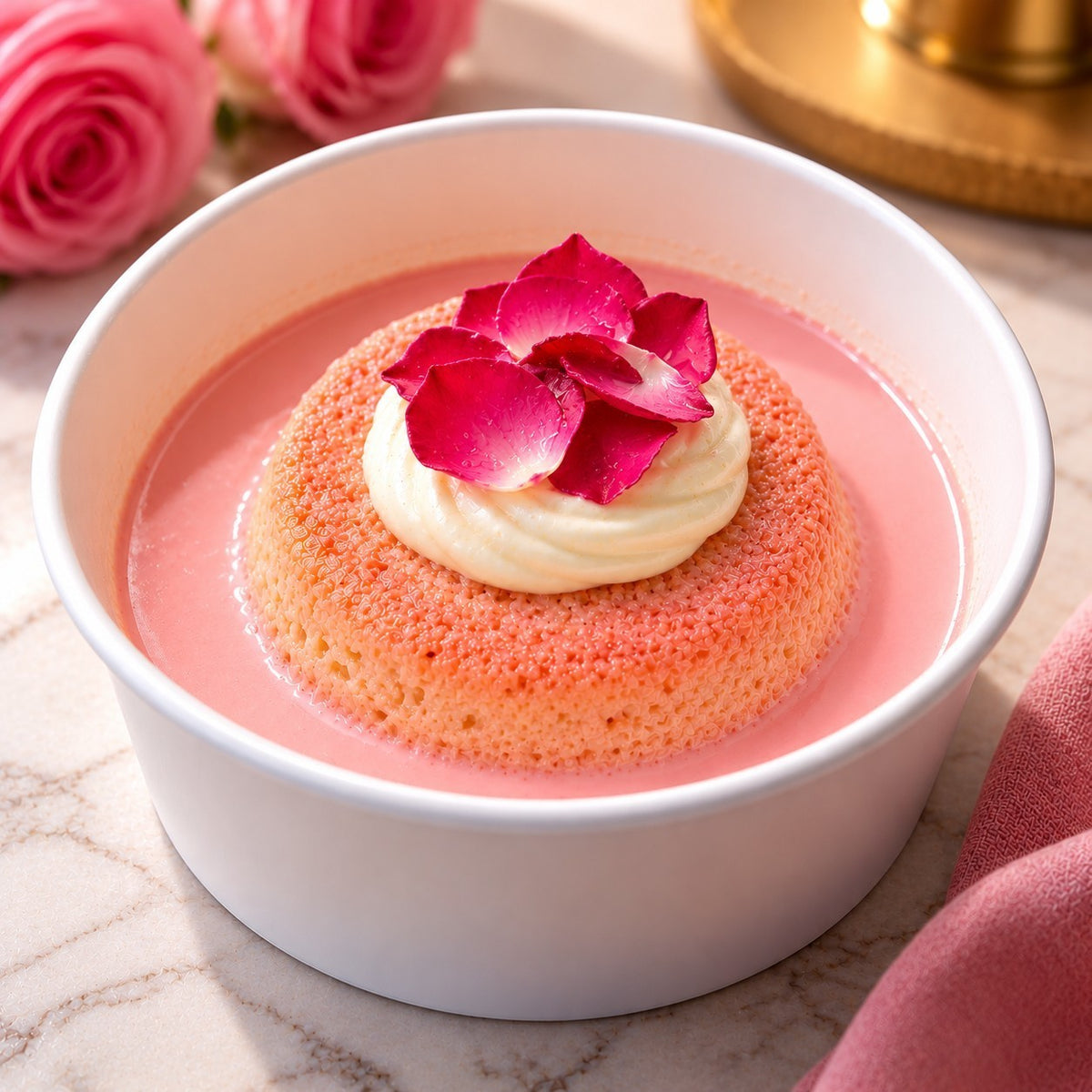 Rhukra Cake House rose tres leches cake in a white bowl, topped with whipped cream and fresh pink rose petals.