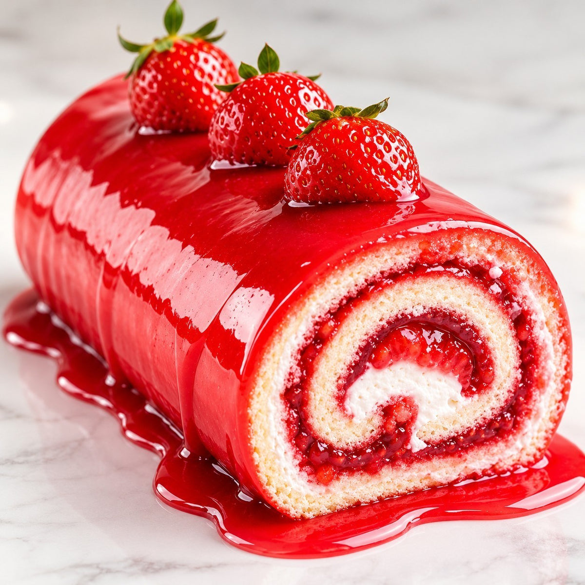 Rhukra Cake House strawberry swiss roll with red glaze and fresh strawberry toppings on a marble surface
