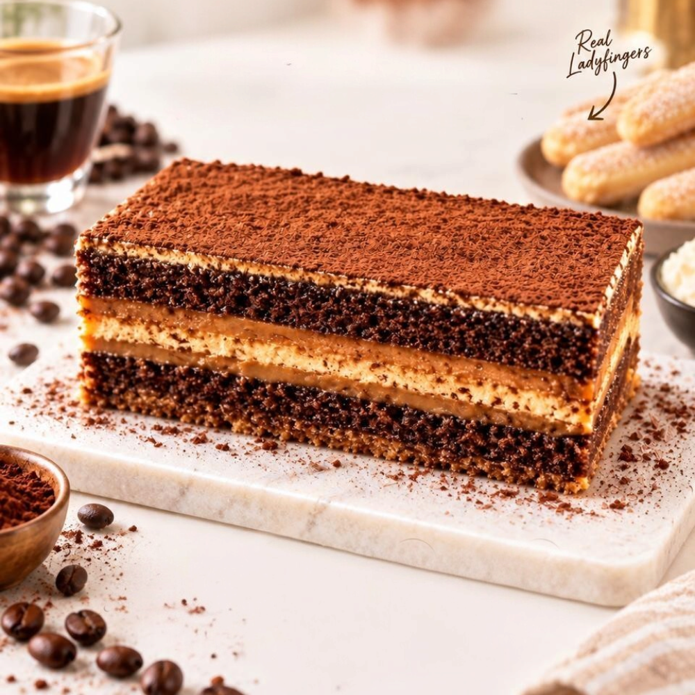 Rhukra Cake House tiramisu dessert with layers of coffee-soaked ladyfingers, creamy mascarpone, and cocoa powder.