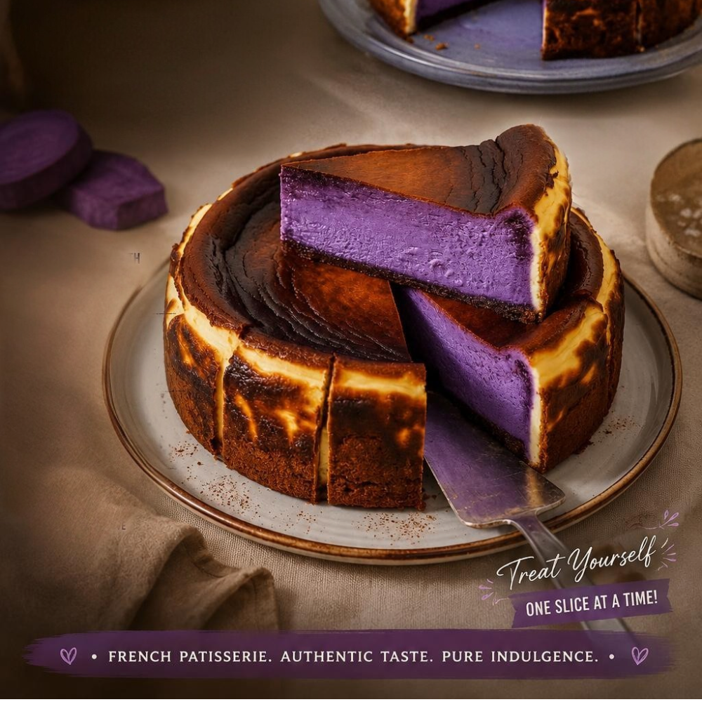 Rhukra Cake House Ube Basque burnt cheesecake with a vibrant purple center and caramelized crust on a rustic plate.