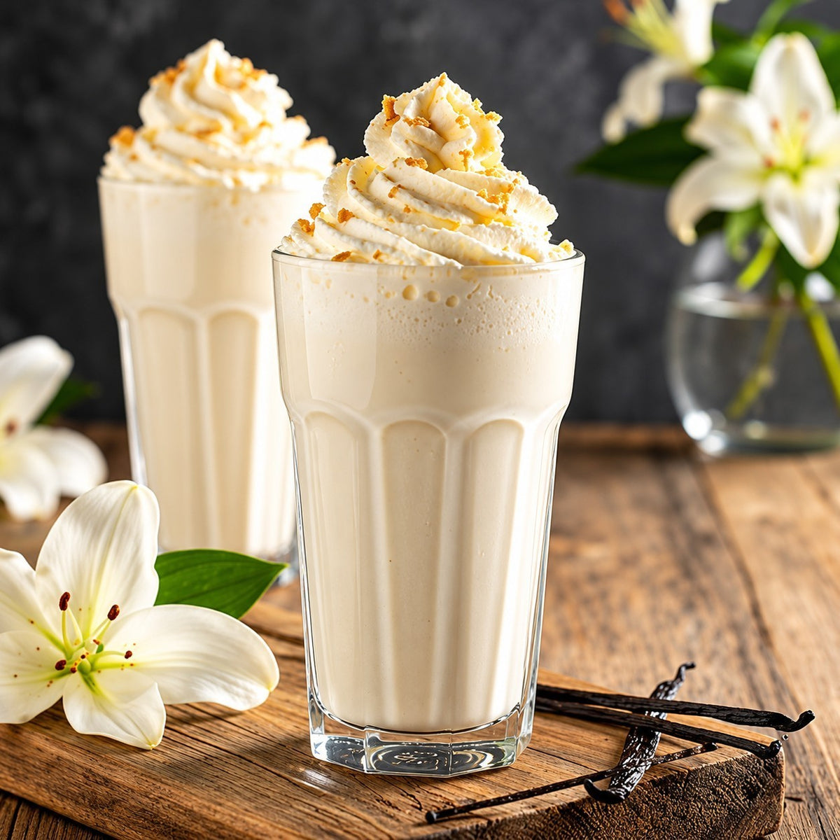 Rhukra Cake House vanilla milkshake topped with whipped cream and cookie crumbles on a rustic wooden table